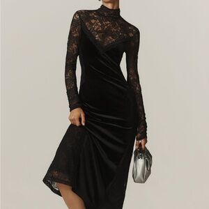 Anthropologie Long-Sleeve Mockneck Lace Velvet Slip Midi Dress